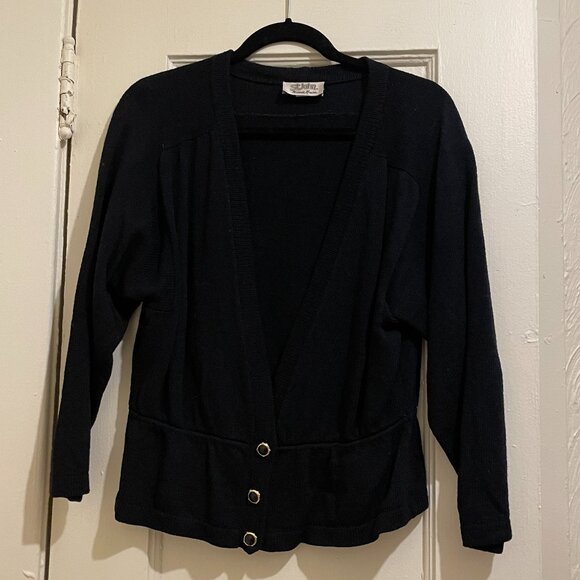 Vintage St. John for Neiman Marcus Black Peplum Wool V-Neck Cardigan Size S - Picture 1 of 5